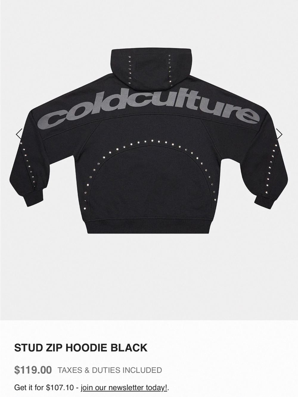 Cold Culture Black Stud Zip Hoodie XXL